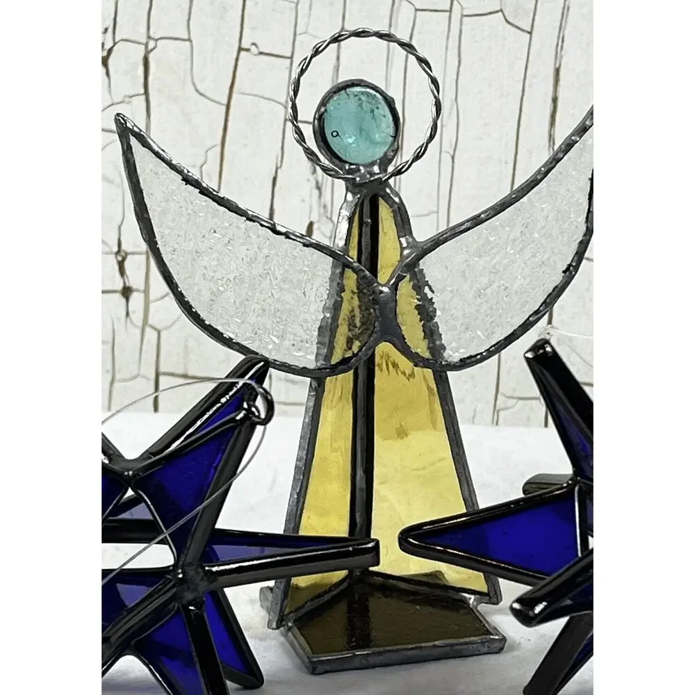 Set of 7 Stained Glass Cobalt Blue Snowflake Ornaments 4 Handmade Angel &Crosses